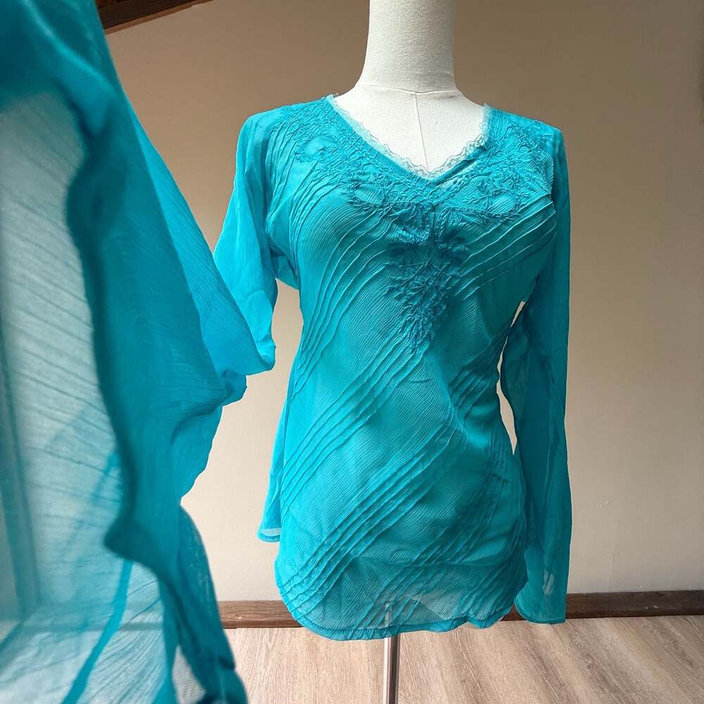 Vintage Y2K Turquoise Sheer Embroidered Bell Sleeve Tunic Top - Picture 10 of 12